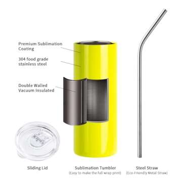 PYD Life Neon Yellow Sublimation Tumblers 20 OZ - 8 Pack for Personalized Gifts