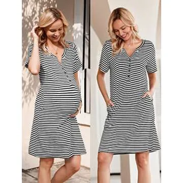 Ekouaer Nursing Nightgown Striped Women Short Sleeve Breastfeeding Sleep Dress Maternity Delivery/Labor Gown Black S