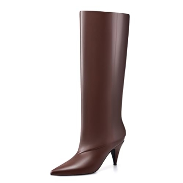 MIRAAZZURRA Brown Knee High Boots for Women Pointed Toe Slouchy Boots for Women Wide Calf Cone Heel ...