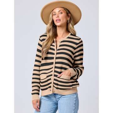 ANRABESS Women's Tweed Knit Cardigan Sweater Casual Long Sleeve Cropped Button Down Lady Jackets 2025 Spring Fashion Outwear Khaki Black Strip Small