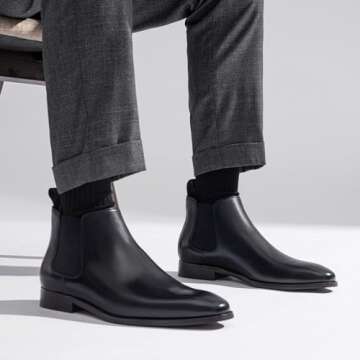 Jousen Chelsea Boots Men Polished Leather Dress Boots Stylish Classic Retro Slip On Boots for Men Bl...
