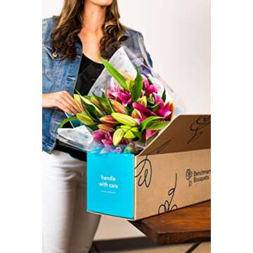 Benchmark Bouquets 8 Stem Pink Lilies, Glass Vase Included, Gift Fresh Flowers for Valentine’s Day...