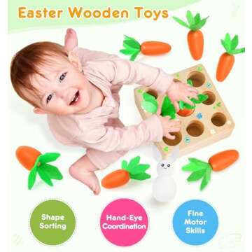 Montessori Toys for Toddlers, Great Easter Gifts for Baby Girls, Carrot Harvest Game Wooden Toys & Easter Basket Stuffers for Babies, Easter Toys for Toddlers, Shape Sorting Matching Puzzle