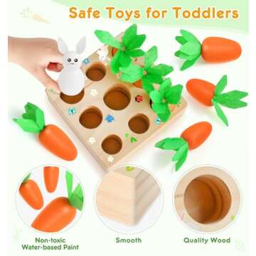 Montessori Toys for Toddlers, Great Easter Gifts for Baby Girls, Carrot Harvest Game Wooden Toys & Easter Basket Stuffers for Babies, Easter Toys for Toddlers, Shape Sorting Matching Puzzle