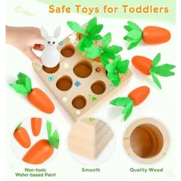 Montessori Toys for Toddlers, Great Easter Gifts for Baby Girls, Carrot Harvest Game Wooden Toys & Easter Basket Stuffers for Babies, Easter Toys for Toddlers, Shape Sorting Matching Puzzle