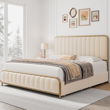 HITHOS King Size Bed Frame with Storage Drawers Golden