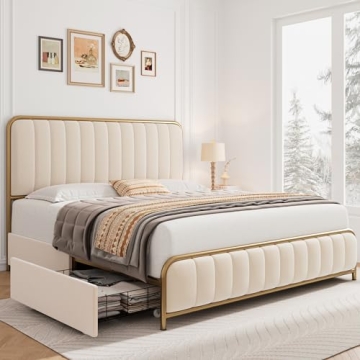 HITHOS King Size Bed Frame with Storage Drawers Golden