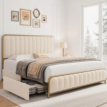 HITHOS King Size Bed Frame with Storage Drawers Golden