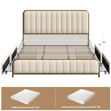 HITHOS King Size Bed Frame with Storage Drawers Golden