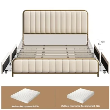 HITHOS King Size Bed Frame with Storage Drawers Golden