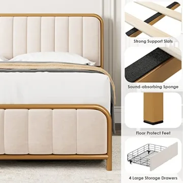 HITHOS King Size Bed Frame with Storage Drawers Golden