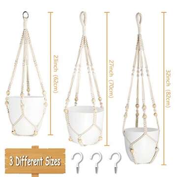 AerWo 3 Pack Macrame Plant Hanger Indoor Hanging Planters + 3 Pcs Hooks, Handmade Hanging Plant Hold...