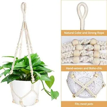 AerWo 3 Pack Macrame Plant Hanger Indoor Hanging Planters + 3 Pcs Hooks, Handmade Hanging Plant Holder Baskets Stand Flower Pot Holder with Wood Beads for Indoor Outdoor Boho Home Decor (3 Sizes)
