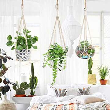 AerWo 3 Pack Macrame Plant Hanger Indoor Hanging Planters + 3 Pcs Hooks, Handmade Hanging Plant Holder Baskets Stand Flower Pot Holder with Wood Beads for Indoor Outdoor Boho Home Decor (3 Sizes)