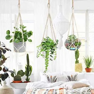 AerWo 3 Pack Macrame Plant Hanger Indoor Hanging Planters + 3 Pcs Hooks, Handmade Hanging Plant Holder Baskets Stand Flower Pot Holder with Wood Beads for Indoor Outdoor Boho Home Decor (3 Sizes)