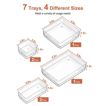 SMARTAKE 7-Piece Drawer Organizer with Non-Slip Silicone Pads, 4-Size Desk Drawer Organizer Trays Storage Tray for Makeup, Jewelries, Utensils in Bedroom Dresser, Office and Kitchen (Clear)