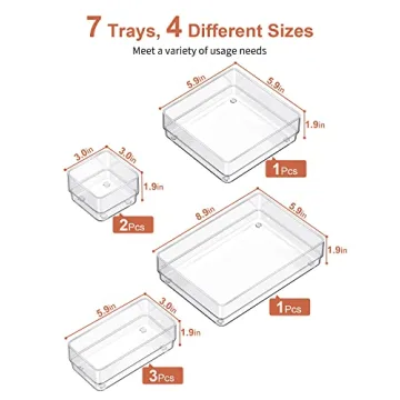 SMARTAKE 7-Piece Drawer Organizer with Non-Slip Silicone Pads, 4-Size Desk Drawer Organizer Trays Storage Tray for Makeup, Jewelries, Utensils in Bedroom Dresser, Office and Kitchen (Clear)