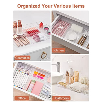 SMARTAKE 7-Piece Drawer Organizer with Non-Slip Silicone Pads, 4-Size Desk Drawer Organizer Trays Storage Tray for Makeup, Jewelries, Utensils in Bedroom Dresser, Office and Kitchen (Clear)