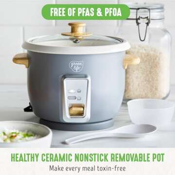 GreenLife 6-Cup Rice Cooker Steamer, PFAS Free Removable Ceramic Nonstick Pot, Auto Presets, Wood Pr...