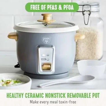 GreenLife 6-Cup Rice Cooker Steamer, PFAS Free Removable Ceramic Nonstick Pot, Auto Presets, Wood Pr...