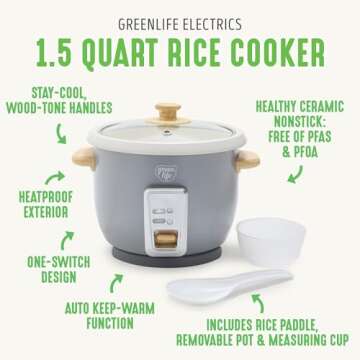 GreenLife 6-Cup Rice Cooker Steamer, PFAS Free Removable Ceramic Nonstick Pot, Auto Presets, Wood Print Handle, Keep Warm Function, One Touch Design, Dishwasher Safe, Measuring Cup, Rice Paddle, Quartz Grey