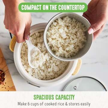 GreenLife 6-Cup Rice Cooker Steamer, PFAS Free Removable Ceramic Nonstick Pot, Auto Presets, Wood Print Handle, Keep Warm Function, One Touch Design, Dishwasher Safe, Measuring Cup, Rice Paddle, Quartz Grey