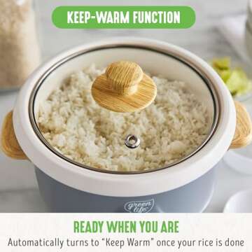 GreenLife 6-Cup Rice Cooker Steamer, PFAS Free Removable Ceramic Nonstick Pot, Auto Presets, Wood Print Handle, Keep Warm Function, One Touch Design, Dishwasher Safe, Measuring Cup, Rice Paddle, Quartz Grey