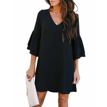 BELONGSCI Women's 2025 Summer Dress Sweet & Cute V-Neck Bell Sleeve Shift Dress Mini Dress, Perfect ...