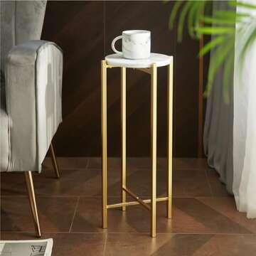 Urban Lifestyle White Marble Collapsible Side Accent Drink Table with Gold Metal Legs, ‎8.5 in x 8.5 in x 22.5 in