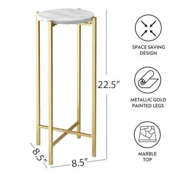 Urban Lifestyle White Marble Collapsible Side Accent Drink Table with Gold Metal Legs, ‎8.5 in x 8.5 in x 22.5 in