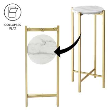 Urban Lifestyle White Marble Collapsible Side Accent Drink Table with Gold Metal Legs, ‎8.5 in x 8.5 in x 22.5 in