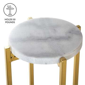 Urban Lifestyle White Marble Collapsible Side Accent Drink Table with Gold Metal Legs, ‎8.5 in x 8.5 in x 22.5 in