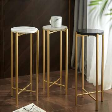 Urban Lifestyle White Marble Collapsible Side Accent Drink Table with Gold Metal Legs, ‎8.5 in x 8.5 in x 22.5 in