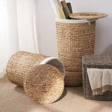 Round Woven Wicker Laundry Hamper with Lid