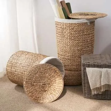 Round Woven Wicker Laundry Hamper with Lid