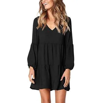 MissLook Women's Short Sleeve Tunic Dress V Neck Ruffle Loose Mini Swing Shift Dresses Black S