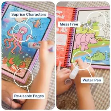 Kids Water Doodle Coloring Activity Book, 2-Pack Underwater & Safari Water Coloring Book for Kids & Toddlers, Color with Water for Paintless Mess-Free Painting, Road Trip Essentials for Kids