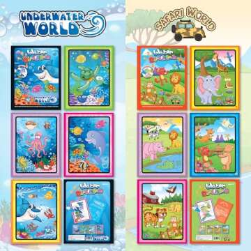 Kids Water Doodle Coloring Activity Book, 2-Pack Underwater & Safari Water Coloring Book for Kids & Toddlers, Color with Water for Paintless Mess-Free Painting, Road Trip Essentials for Kids