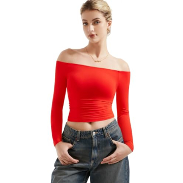 SUUKSESS Women's Off Shoulder Long Sleeve Shirt - Dream Red, S | Y2K Fashion