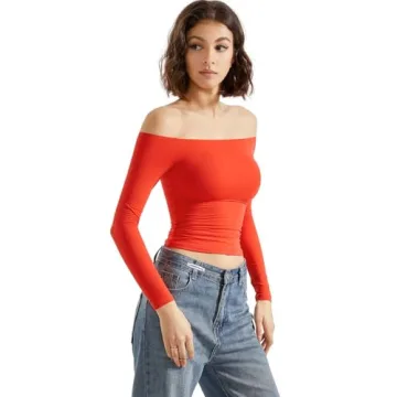 SUUKSESS Women Off Shoulder Long Sleeve Shirt Y2K Fashion