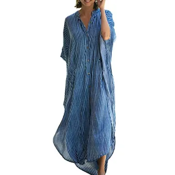 Chunoy Womens Loose Striped Button Down V Neck Kimono Sleeve Long Kaftan Beachwear Bikini Cover Up M...
