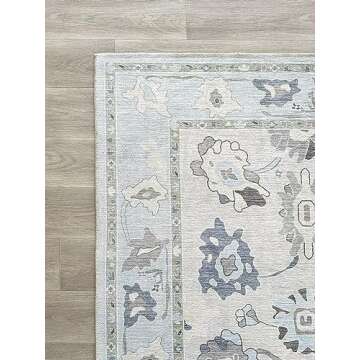 Cream Blue Oushak Rug, Modern, Vintage, Turkish, Eclectic, Floral, Pastel, Washable, Large Area Rugs for Living Room, Dining, Bedroom, Girls, Boys, 7'5"x9'8"