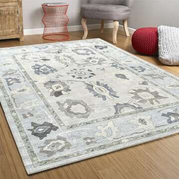 Cream Blue Oushak Rug, Modern, Vintage, Turkish, Eclectic, Floral, Pastel, Washable, Large Area Rugs for Living Room, Dining, Bedroom, Girls, Boys, 7'5"x9'8"