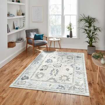 Cream Blue Oushak Rug, Modern, Vintage, Turkish, Eclectic, Floral, Pastel, Washable, Large Area Rugs for Living Room, Dining, Bedroom, Girls, Boys, 7'5"x9'8"