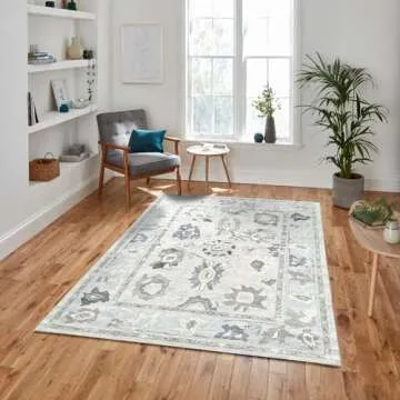 Cream Blue Oushak Rug, Modern, Vintage, Turkish, Eclectic, Floral, Pastel, Washable, Large Area Rugs for Living Room, Dining, Bedroom, Girls, Boys, 7'5"x9'8"