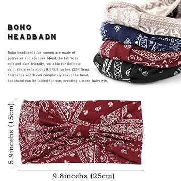 Acenail Boho Headbands Wide Head Bands Knotted Turban Headband Nonslip Elastic Hairbands Floral Hairband Workout Hair Scarfs Yoga Sweatbands Bohemian Head Wraps for Women 4Pcs (#4 Bohemian)