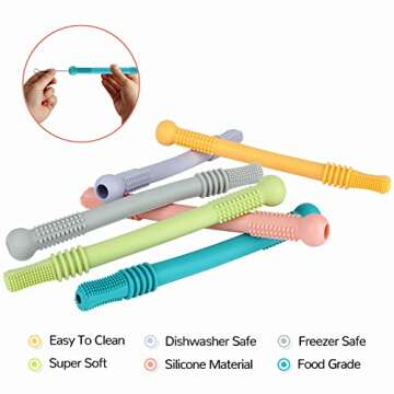 Chuya 6 Pack Hollow Teether Tube, Silicone Tubes Baby Teether Toys,Chew Straws Toy for 3-12 Months Babies Molars,Teething Relief,BPA Free/Freezable,Dishwasher Safe,Easy to Clean