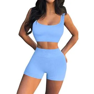 QINSEN Workout Sets for Women 2 Piece Seamless Ribbed Crop Tank High Waist Shorts Yoga Outfits (S, Light Blue)