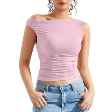 OMKAGI Women One Off Shoulder Y2K Tops Double Lined Slim Fit T Shirts Basic Tees