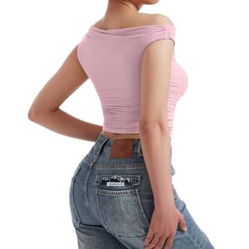 OMKAGI Women One Off Shoulder Y2K Tops Double Lined Slim Fit T Shirts Basic Tees